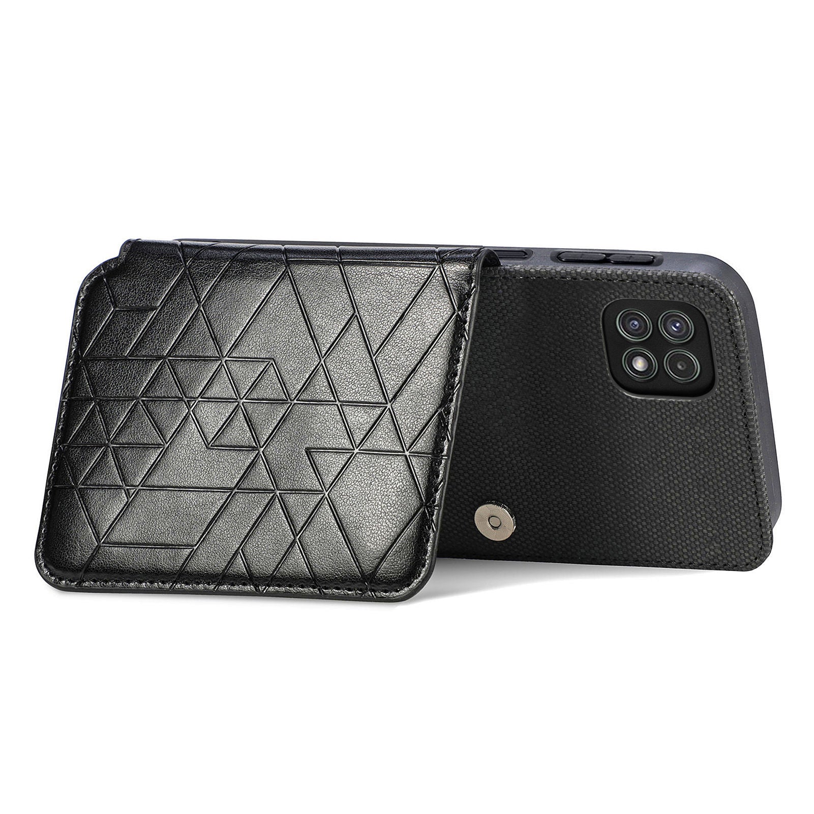 For Samsung Galaxy A22 5G (EU Version) Anti-drop Phone Case Kickstand PU Leather TPU Geometry Imprinted Wallet Cover with Strap For Samsung Galaxy A22 5G (EU Version) Anti-drop Phone Case Kickstand PU Leather TPU Geometry Imprinted Wallet Cover with Strap